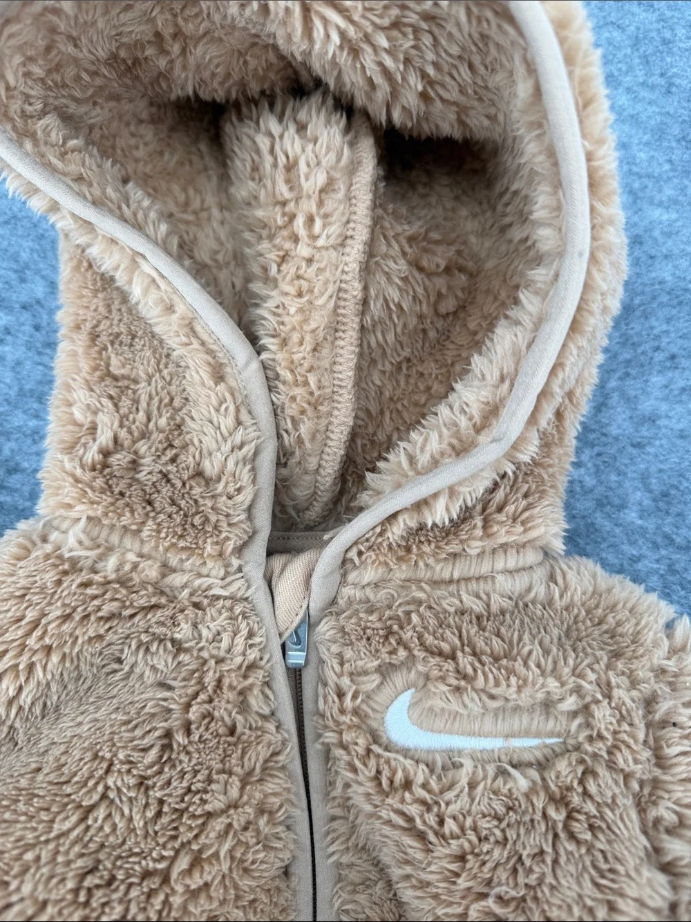 Nike convertible teddy bear Plush Hooded One-Piece in Tan full zip up